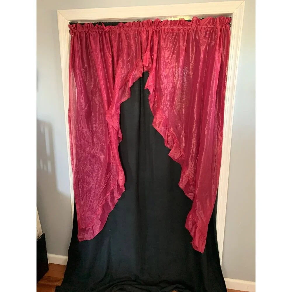 Vintage Red Ruffled Sheer Curtain Panels Rod Pocket Top 42